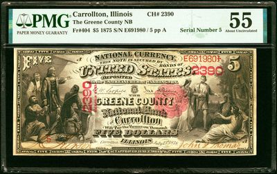 $5 1875 Fr. 404 The Green County National Bank Ch. # 2390 PMG 55