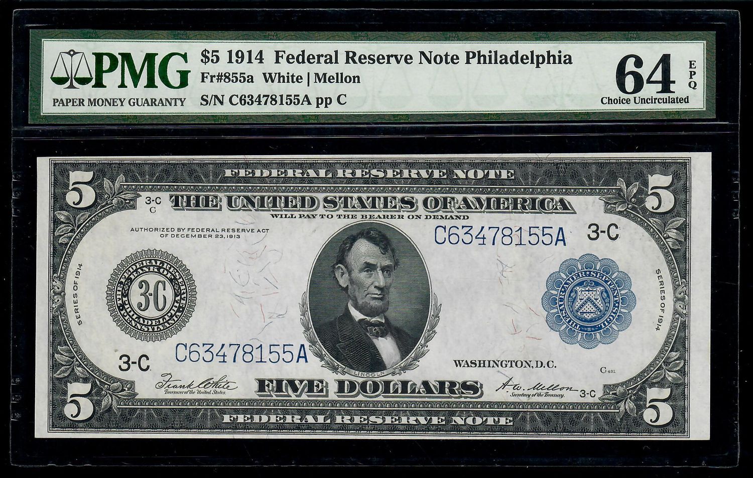 1914 $5 PHILADELPHIA FEDERAL RESERVE NOTE PMG 64 EPQ