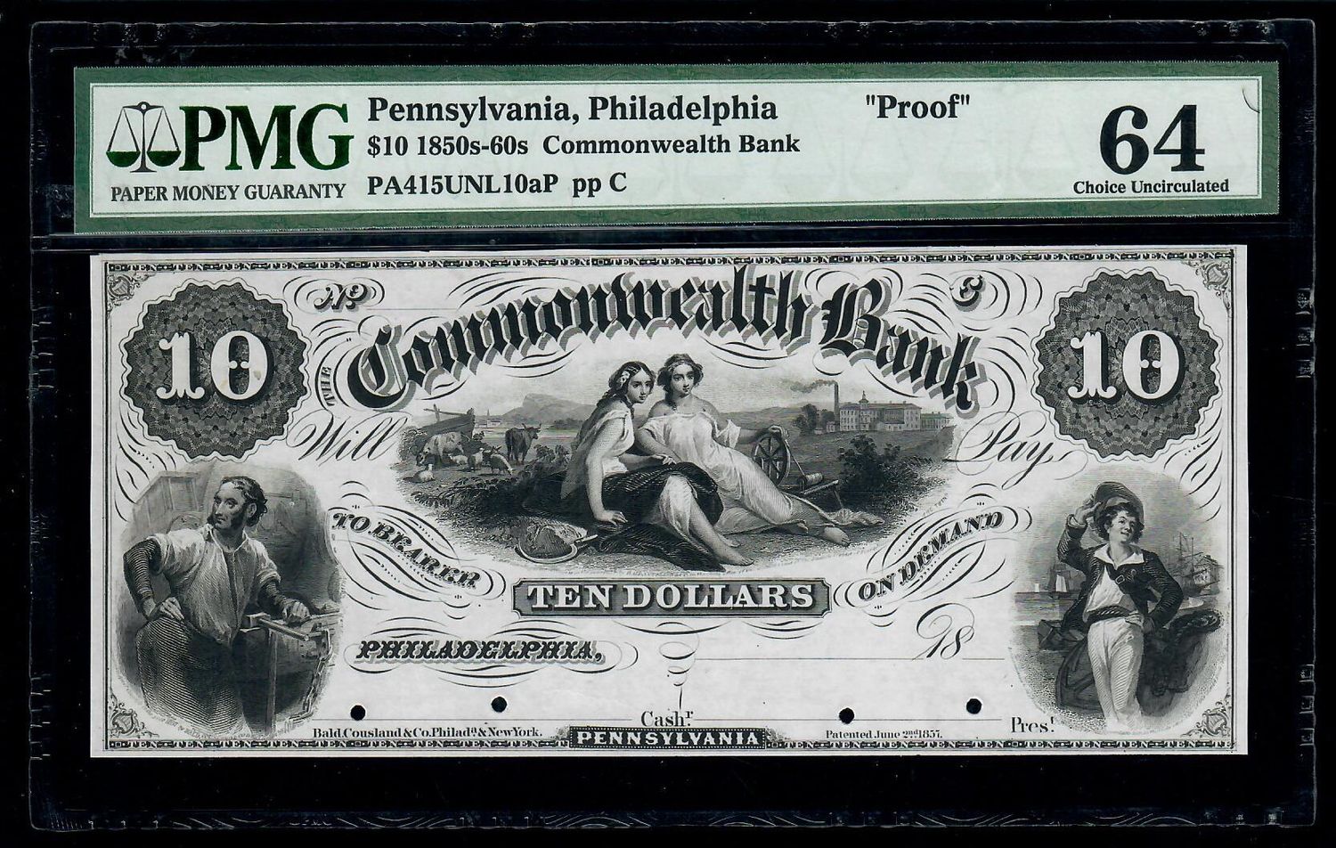 Pennsylvania, Philadelphia $10 1850s-60s Commonwealth Bank Proof PMG 64