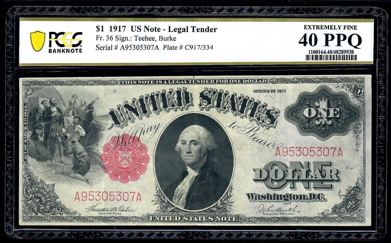 1917 $1 Legal Tender Note, Fr# 36, Teehee/ Burke, PCGS 40 XF