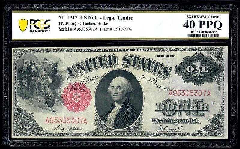 1917 $1 Legal Tender Note, Fr# 36, Teehee/ Burke, PCGS 40 XF