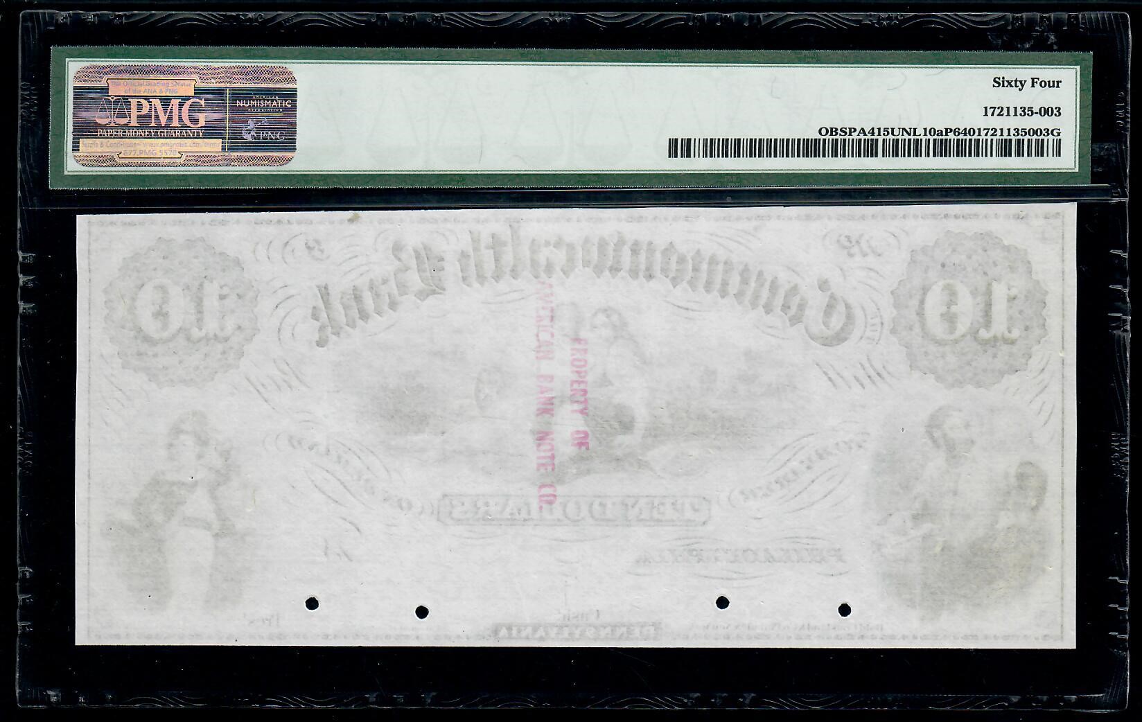 Pennsylvania, Philadelphia $10 1850s-60s Commonwealth Bank Proof PMG 64