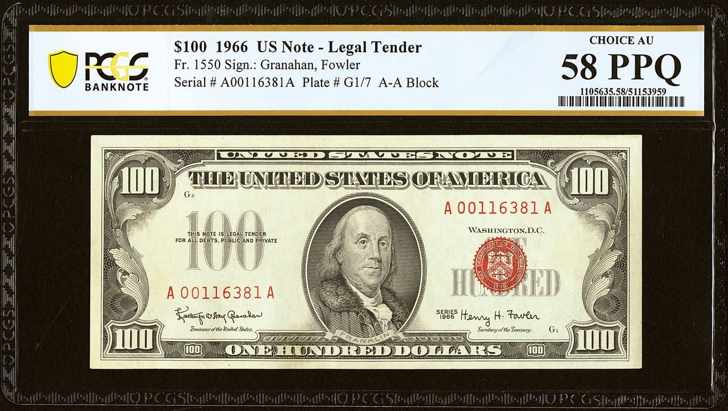 1966 $100 Red Seal Star Note Fr.1550 Legal Tender PCGS 58 PPQ