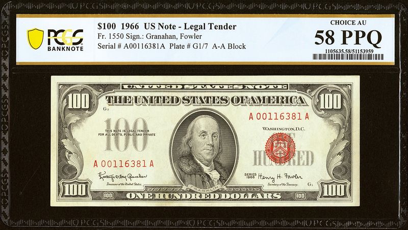 1966 $100 Red Seal Star Note Fr.1550 Legal Tender PCGS 58 PPQ