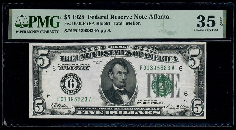 1928 $5 Federal Reserve Note Atlanta Fr# 1950-F PCGS 63 UNC