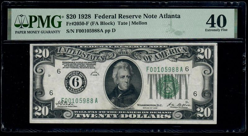 1928 $20 Federal Reserve Note Atlanta Fr# 2050-F PCGS 63 UNC