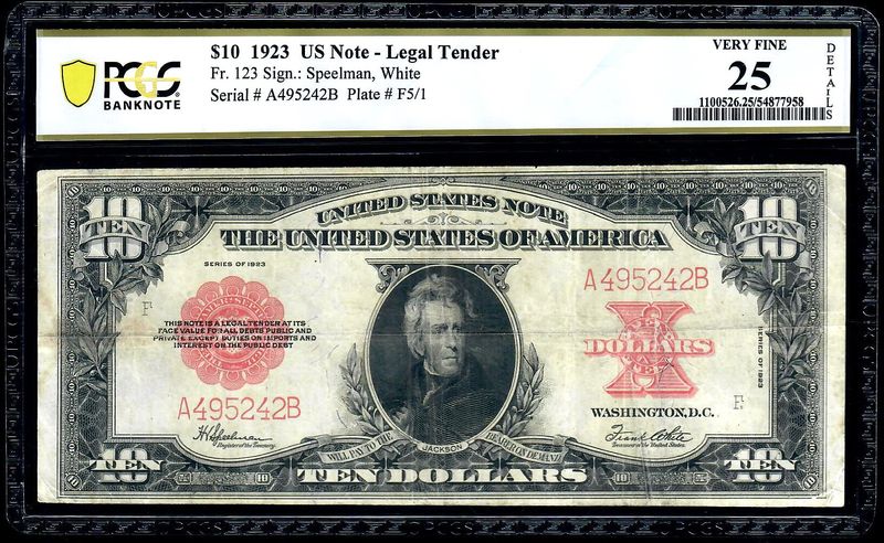 $10 1923 Legal Tender Fr. 123 ** Poker Chip** PCGS 25 VERY FINE