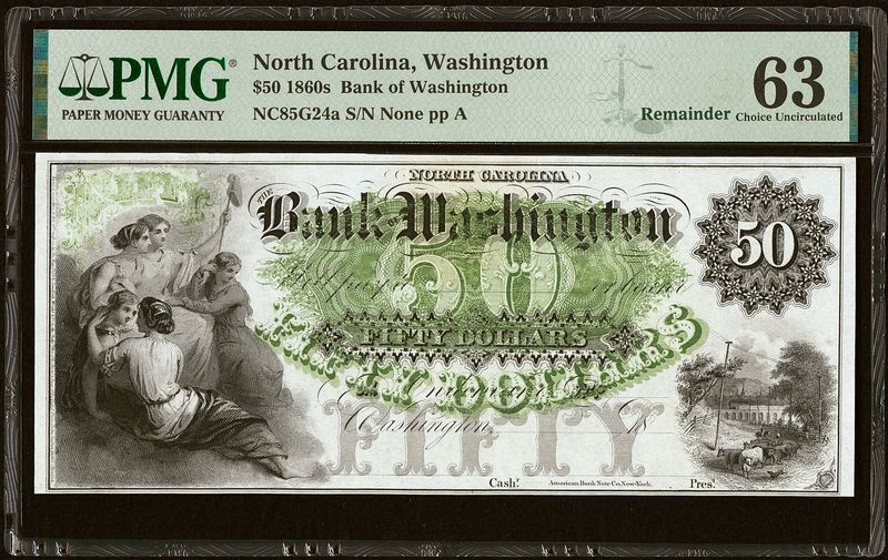 $50 1800's North Carolina, Bank of Washington Remainder PMG63