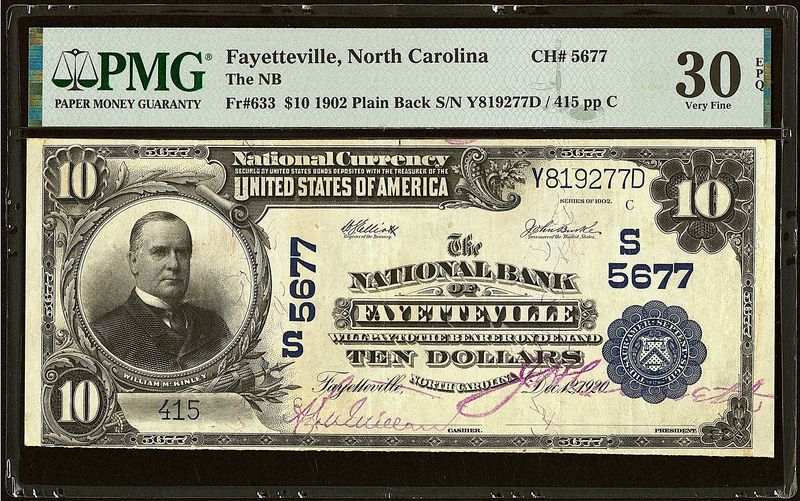 $10 1902 Plain Back Fr. 633 The National Bank of Fayetteville  PMG 30 EPQ