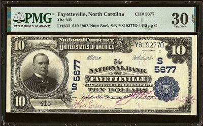 $10 1902 Plain Back Fr. 633 The National Bank of Fayetteville  PMG 30 EPQ