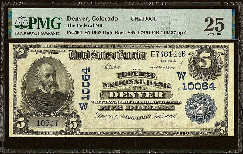 Denver, CO - $5 1902 Date Back Fr. 594 The Federal National Bank PMG 25 VF