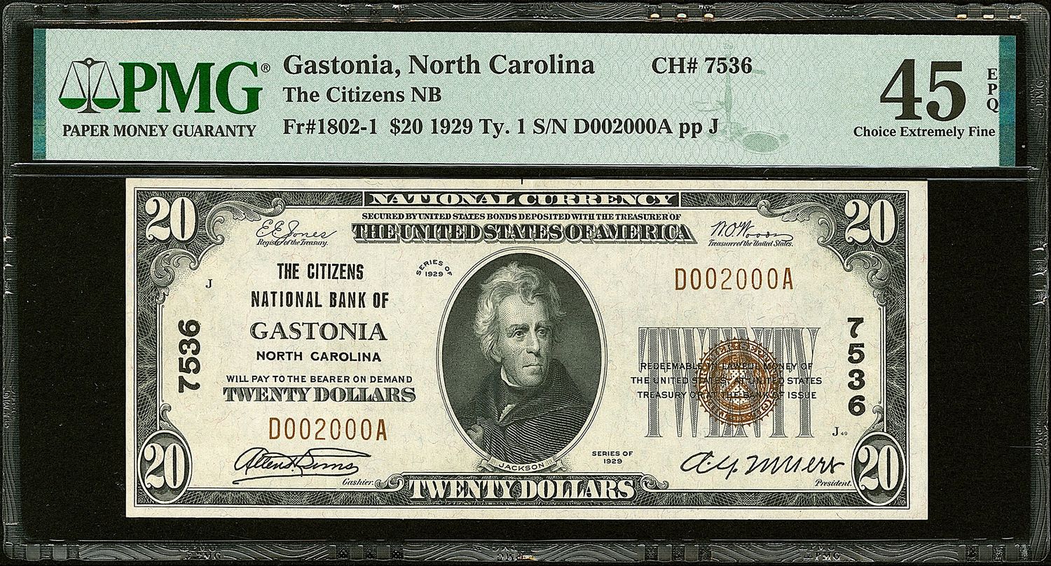 $20 1929 National Bank GASTONIA North Carolina NC CH.7536 PMG 45 EPQ