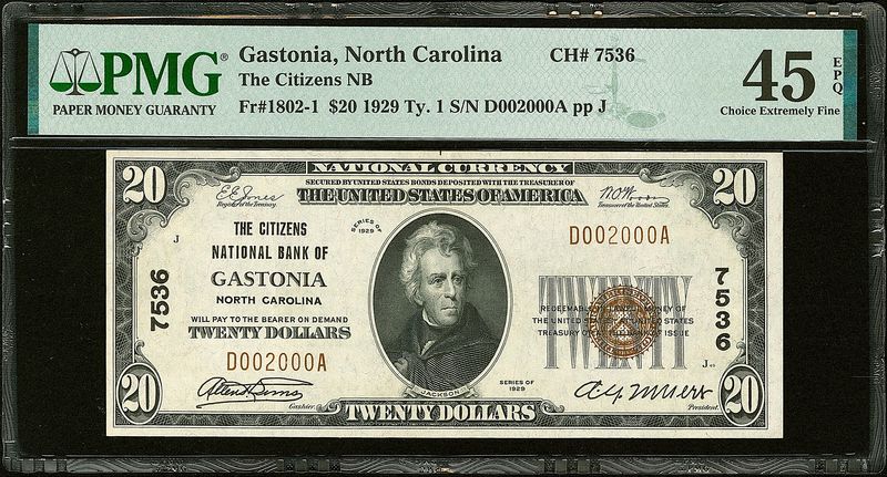 $20 1929 National Bank GASTONIA North Carolina NC CH.7536 PMG 45 EPQ
