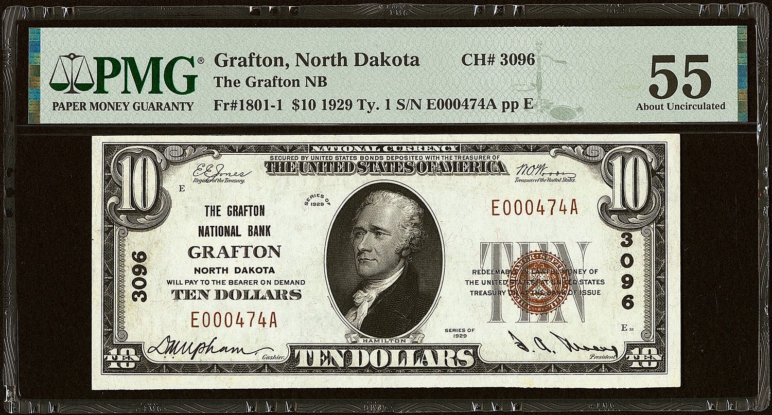 1929 $10 GRAFTON NATIONAL BANK CH. 3096 GRAFTON, NORTH DAKOTA PMG 55 AU