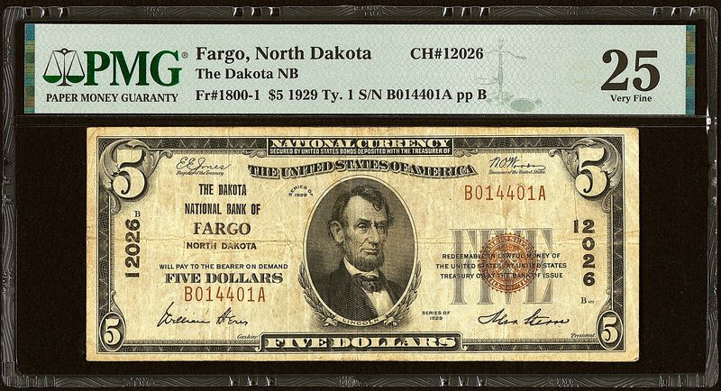 ​Fargo, ND - $5 1929 Ty. 1 The Fargo National Bank Ch. #12026 PMG 25