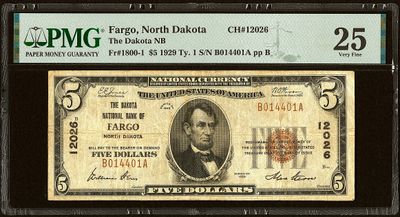 ​Fargo, ND - $5 1929 Ty. 1 The Fargo National Bank Ch. #12026 PMG 25