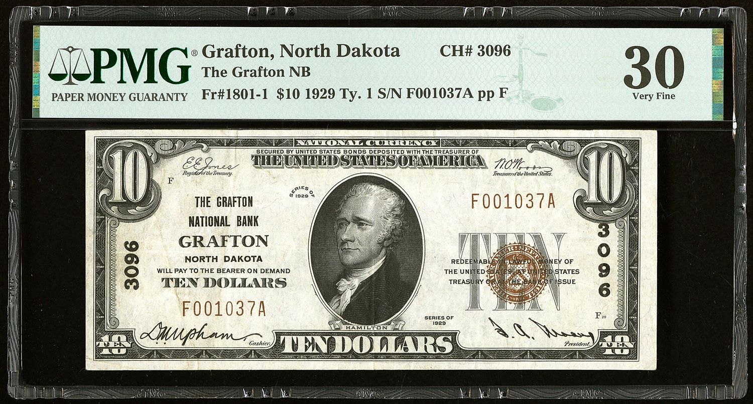 1929 $10 GRAFTON NATIONAL BANK  GRAFTON, NORTH DAKOTA PMG 30 VF