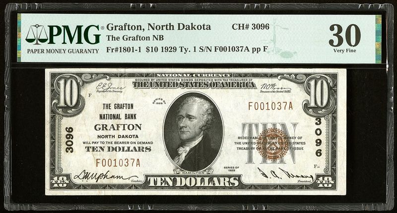 1929 $10 GRAFTON NATIONAL BANK  GRAFTON, NORTH DAKOTA PMG 30 VF