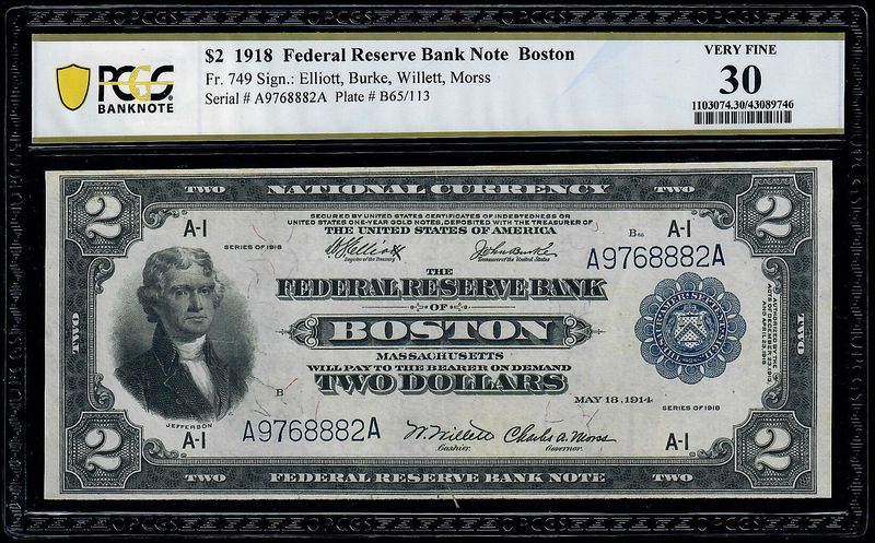 1918 $2 Federal Reserve Bank Note, ​Battleship Fr. 749 PCGS 30
