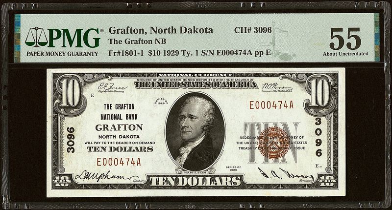 1929 $10 GRAFTON NATIONAL BANK CH. 3096 GRAFTON, NORTH DAKOTA PMG 55 AU