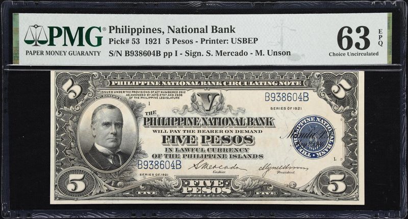 1921 $5 Pesos ​Philippine National Bank, Printer : USBEP Pick# 53 PMG 63