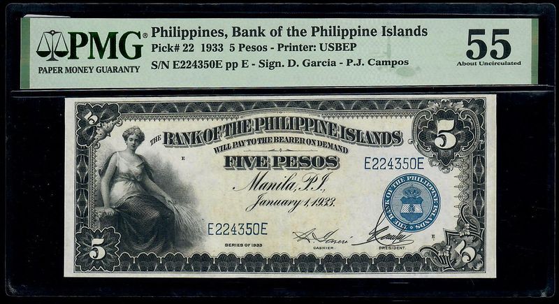 1933 $5 Peso Philippines Bank pf the Philippines Printer : USBEP PMG 55 AU