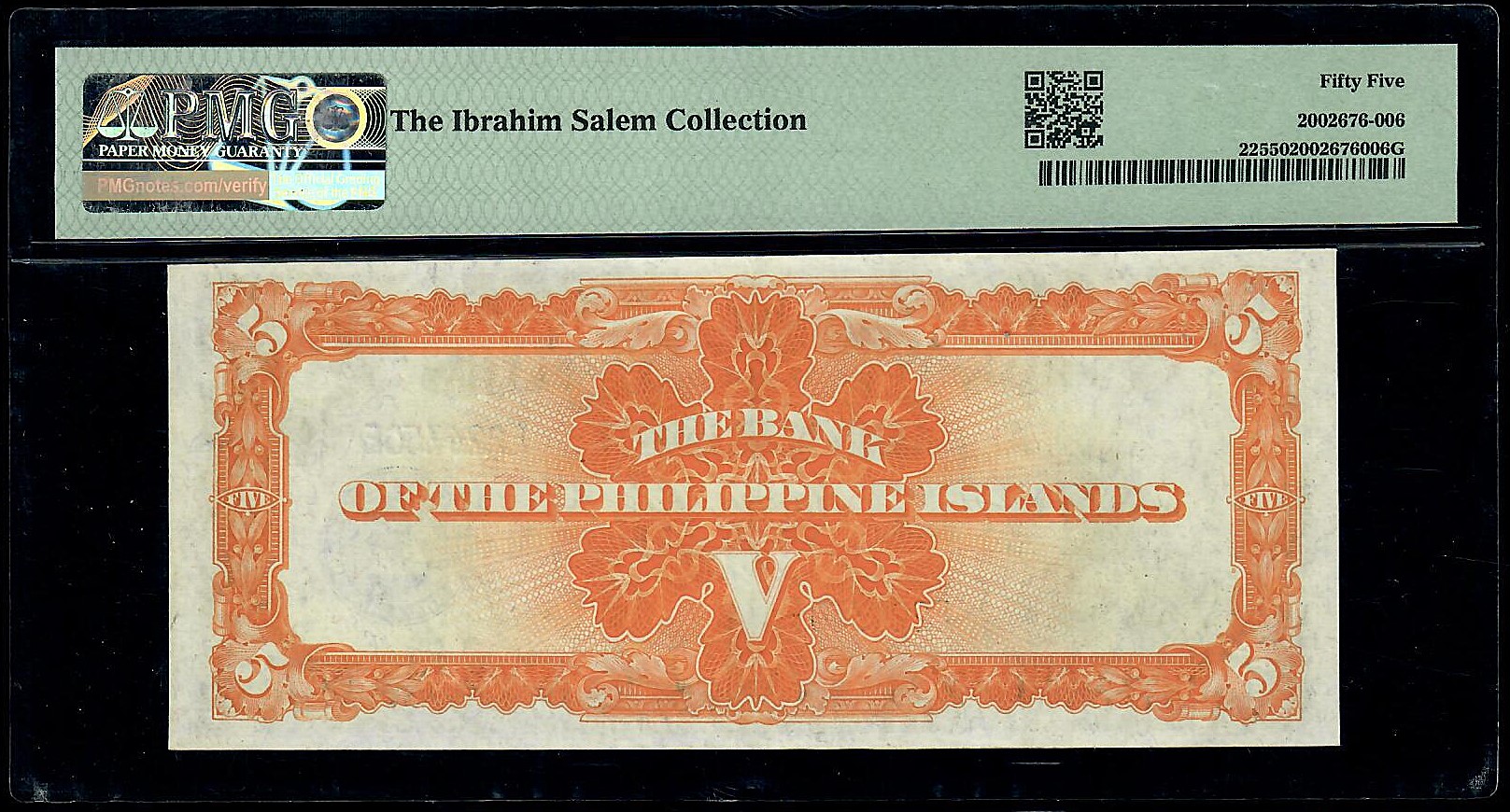 1933 $5 Peso Philippines Bank pf the Philippines Printer : USBEP PMG 55 AU