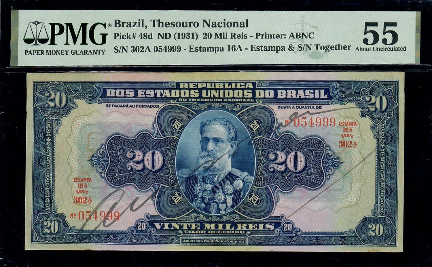 1931 $20 Mil Reis Brazil, Thesouro Nacional Pick #48d PMG 55 AU
