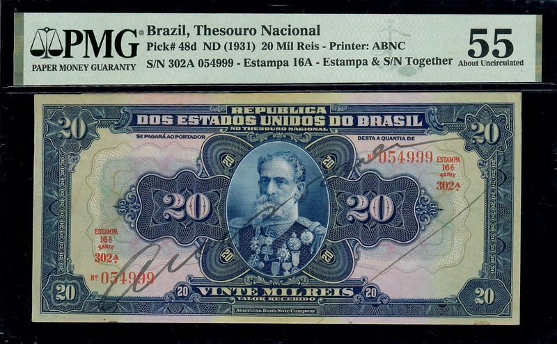 1931 $20 Mil Reis Brazil, Thesouro Nacional Pick #48d PMG 55 AU