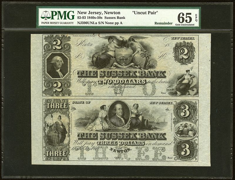 1840s-50's  Newton, NJ - Sussex Bank $2 and $3 Remainder PMG 65 EPQ *Uncut Pair*