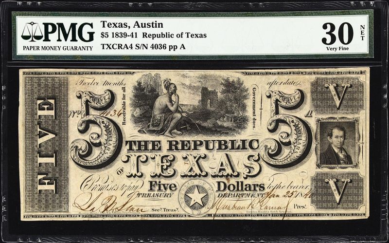 1840 $5 REPUBLIC OF TEXAS AUSTIN, TX OBSOLETE CURRENCY PMG 30 NET -VF