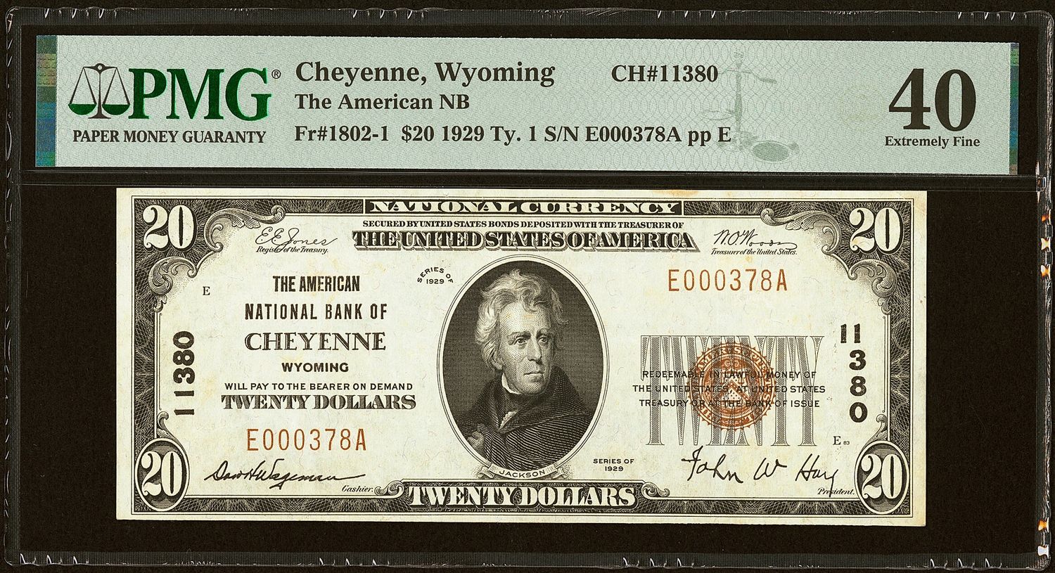 $20 1929 Ty. 1 The American National Bank CH # 11380 Cheyenne, WY PMG 40