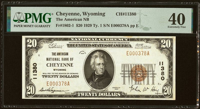 $20 1929 Ty. 1 The American National Bank CH # 11380 Cheyenne, WY PMG 40