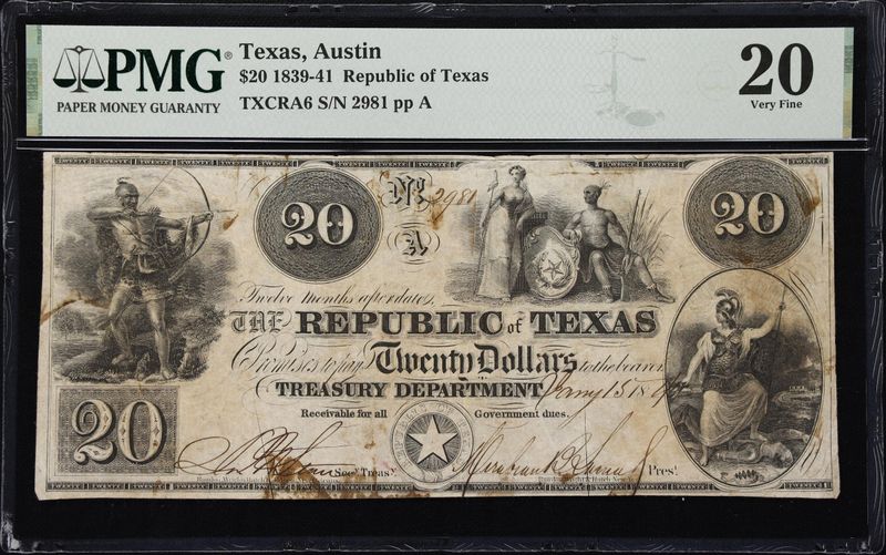 1839-41 $20 Republic of Texas, Austin Obsolete Note - PMG 20