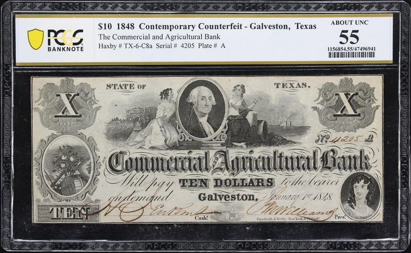 1848 $10 Galveston, Texas. Commercial & Agricultural Bank PCGS 55