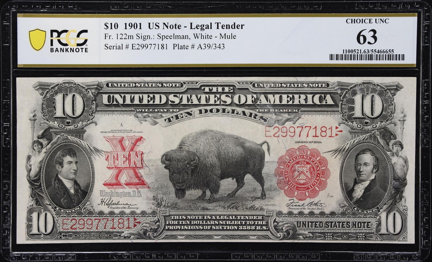 1901 $10 Bison Legal Tender Note Fr. 122 Mule PCGS 63 UNC