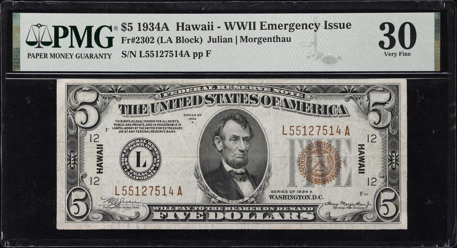 1934 $5 Hawaii WWII Emergency Issue ** LA Block** FR-2302 PMG 30 VF