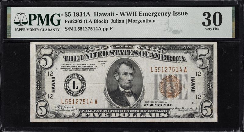 1934 $5 Hawaii WWII Emergency Issue ** LA Block** FR-2302 PMG 30 VF
