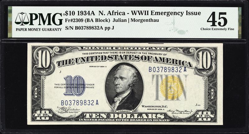 1934A $10 North Africa Silver Certificate Fr. 2307 PCGS 58 PPQ  AU