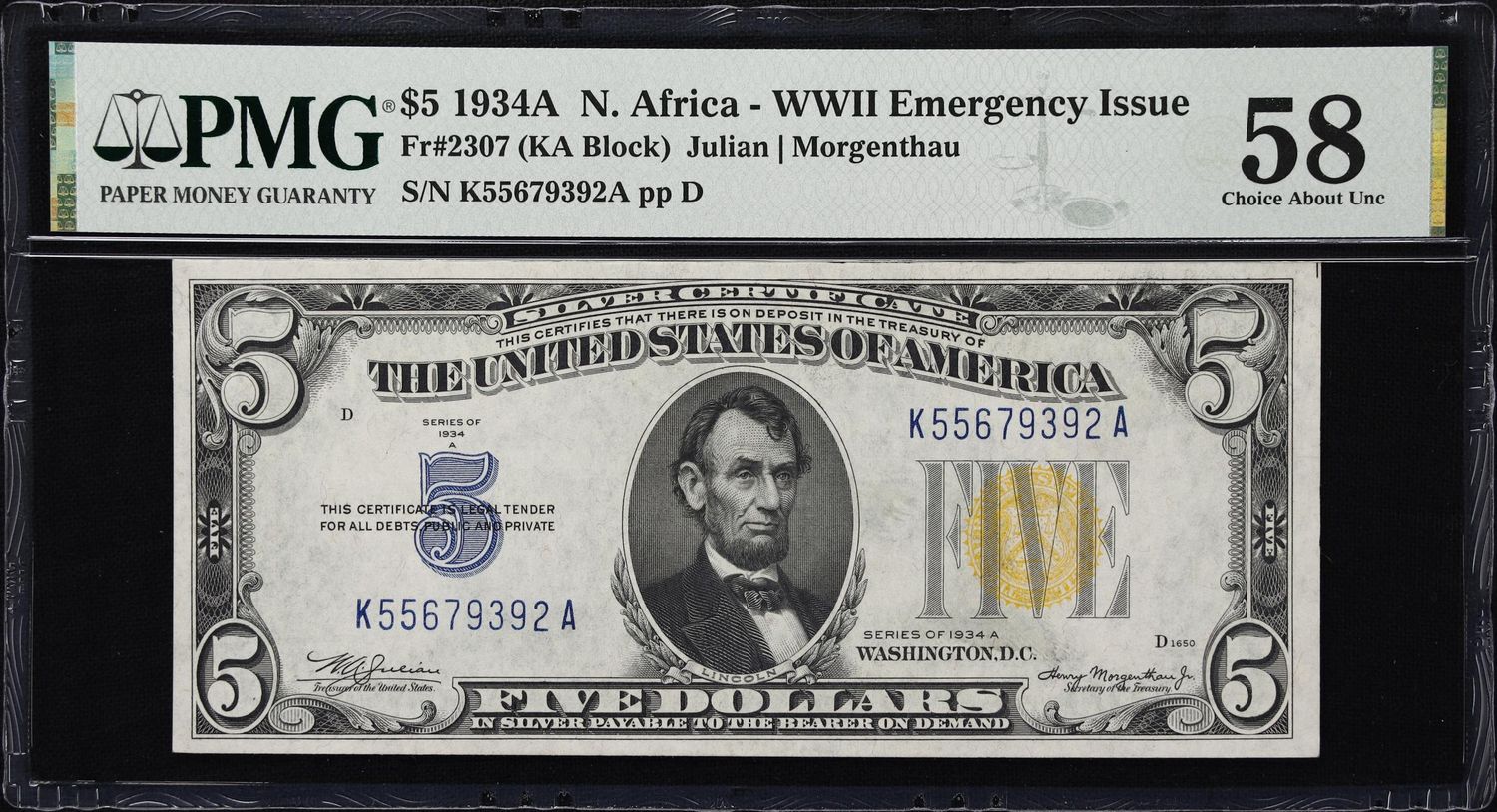 1934A $5 North Africa Silver Certificate Fr. 2307 PMG 58 AU
