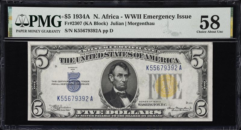 1934A $5 North Africa Silver Certificate Fr. 2307 PMG 58 AU