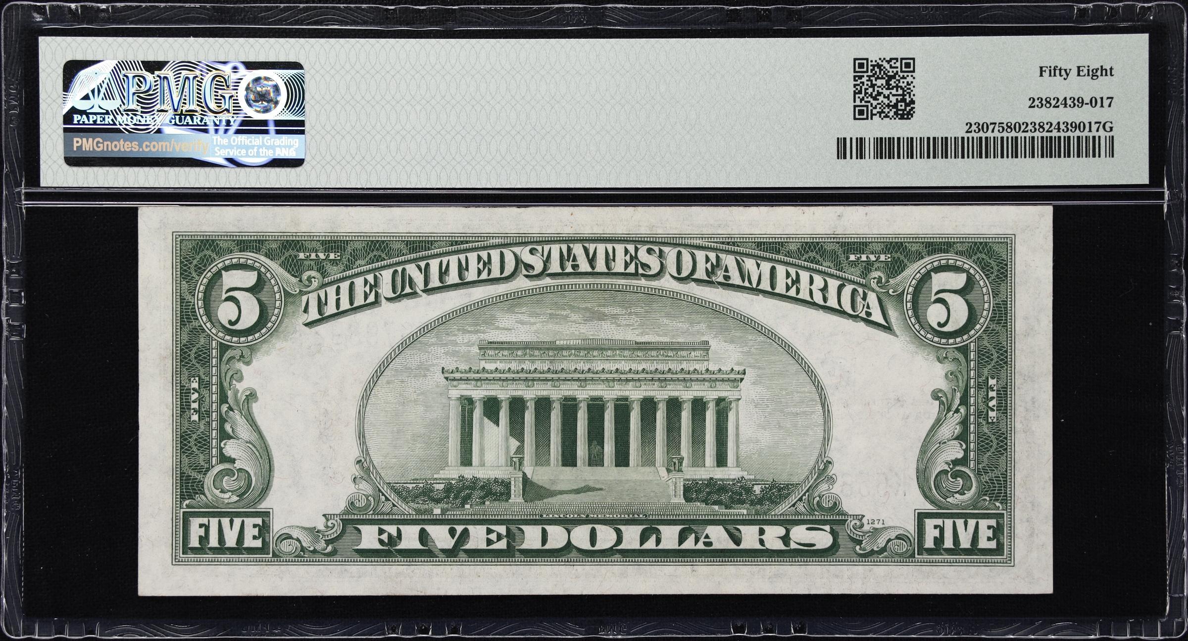 1934A $5 North Africa Silver Certificate Fr. 2307 PMG 58 AU