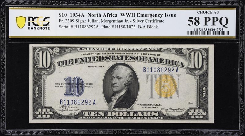 1934A $10 North Africa Silver Certificate Fr. 2307 PCGS 58 PPQ  AU