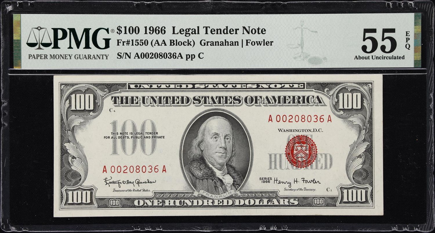 1966 $100 Red Seal Legal Tender Note Fr.1550 ( AA Block ) PMG 55 PPQ