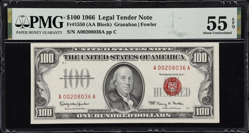 1966 $100 Red Seal Legal Tender Note Fr.1550 ( AA Block ) PMG 55 PPQ