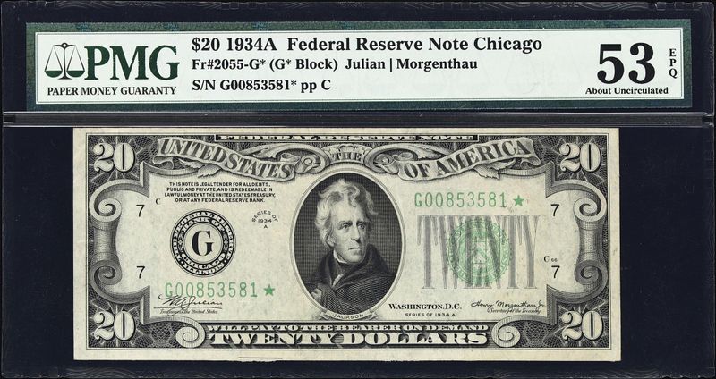 1934C $20 Federal Reserve Note Chicago Star note PMG 53 EPQ