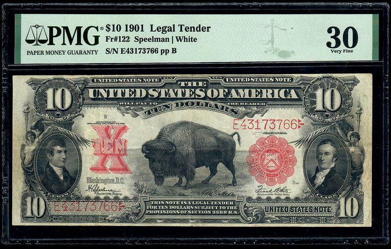 1901 $10 Legal Tender Bison Note FR 122 PMG VF 30