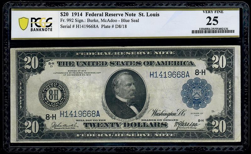 1914 $20 Federal Reserve Note St. Louis MO Fr. 992 PCGS 25 VF