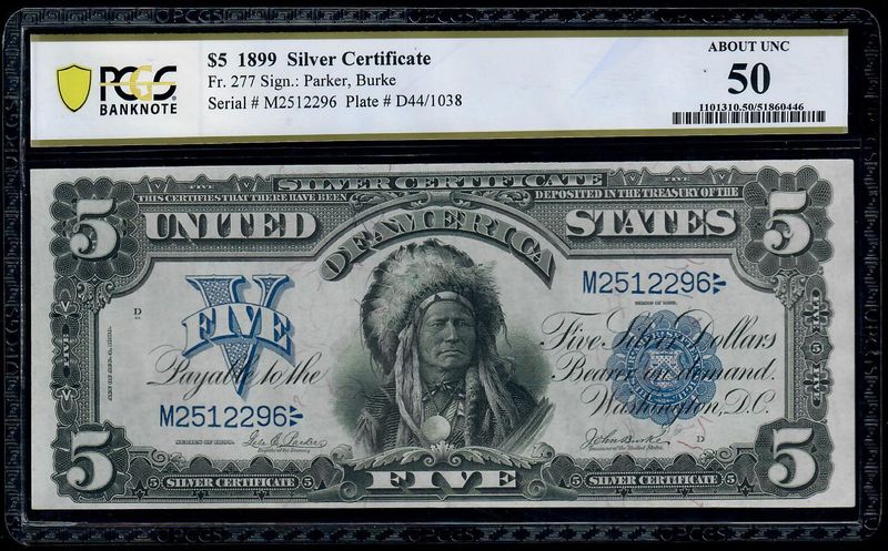1899 $5 Silver Certificate Fr.277 "CHIEF NOTE" , PCGS 50 About UNC