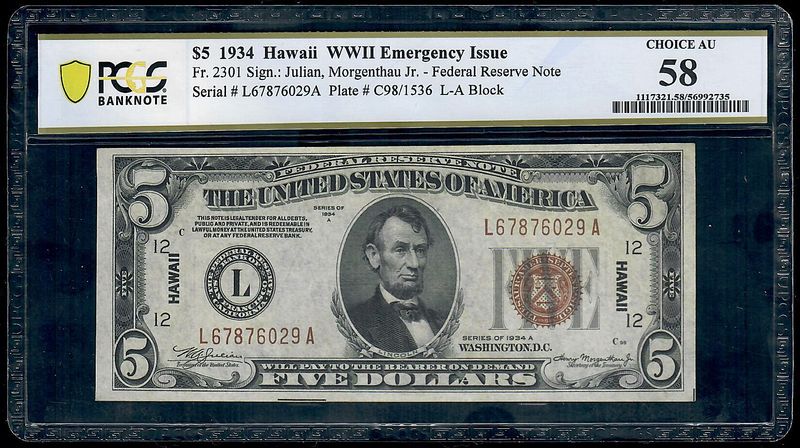 1934 $5 Hawaii WWII Emergency Issue ** LA Block** FR-2301 PCGS 58 AU